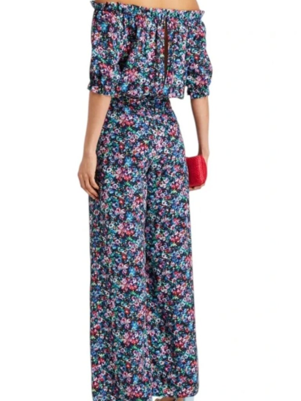 SALONI Juli off-the-shoulder printed silk crepe de chine wide-leg jumpsuit US 6 - Picture 2 of 5